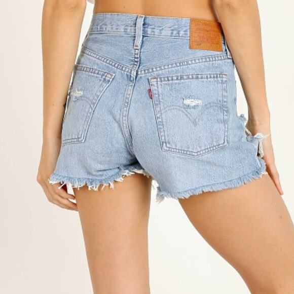 Levis 501 High Rise Light Wash Denim Distressed Cut Off Button Fly Jean Shorts - Picture 2 of 12